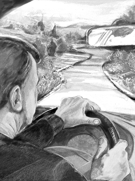 Drawing of a man behind the wheel of a car and driving down a road.