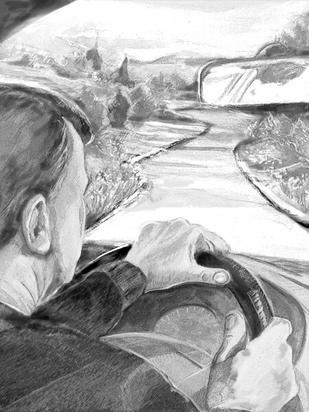 Drawing of a man behind the wheel of a car and driving down a road.