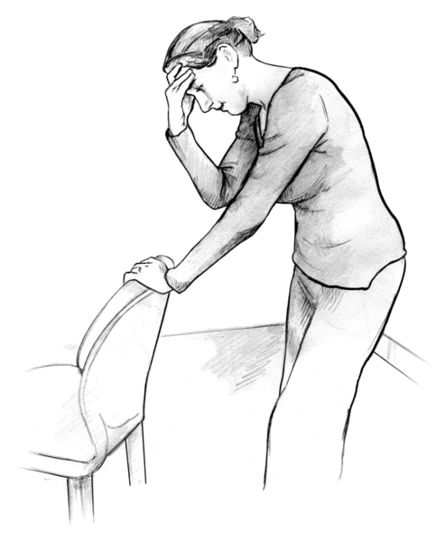 Drawing of a woman standing and holding a chair with one hand and her head with the other hand. She looks as if she feels dizzy.