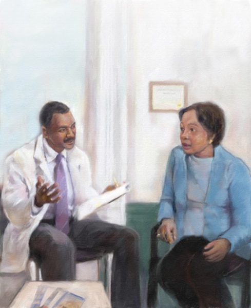 Color drawing of a male doctor talking with a female patient.