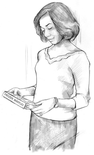 Drawing of a woman reading the food label on a box of frozen waffles.