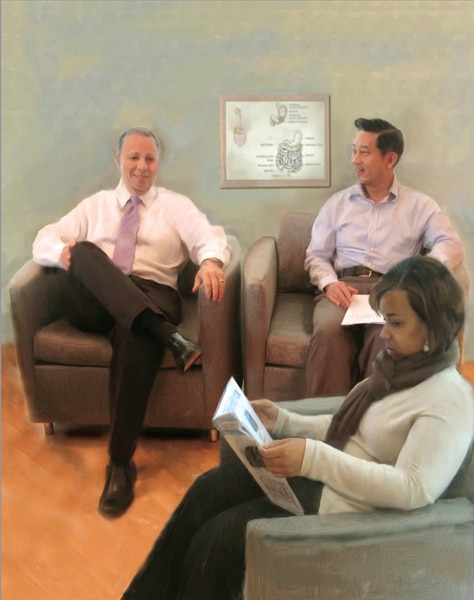 Drawing of two men and a woman sitting in a doctor’s waiting room.