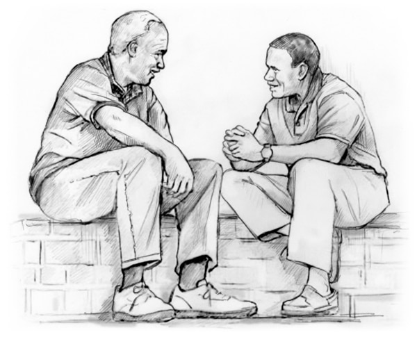 Drawing of a father and son talking.