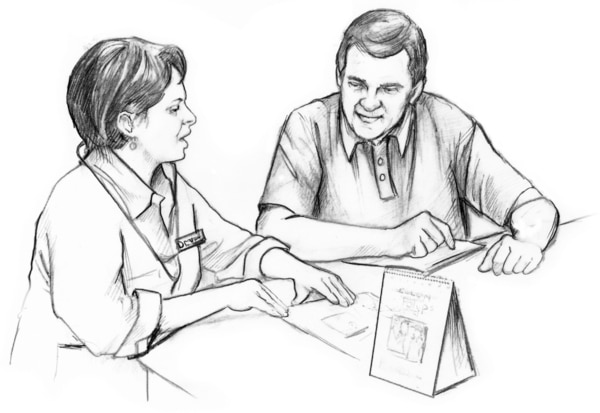 Drawing of a female doctor talking with a male patient.