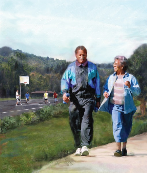 Drawing of an older man and woman walking in a park with people playing basketball behind them.