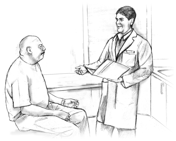 Doctor and male patient talking in an examination room.