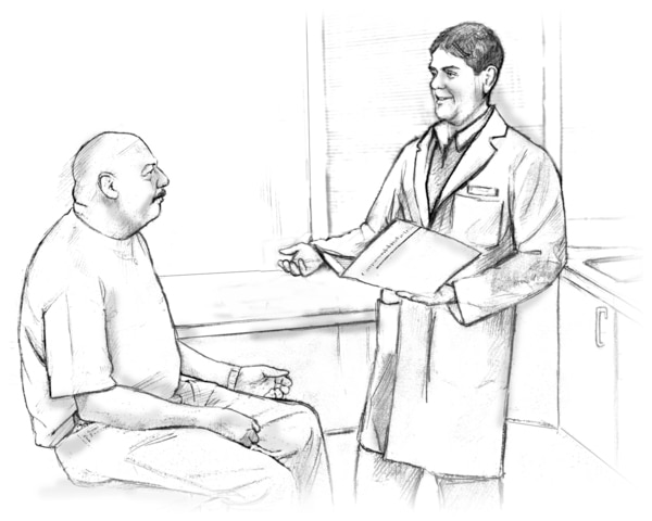 Doctor and male patient talking in an examination room.