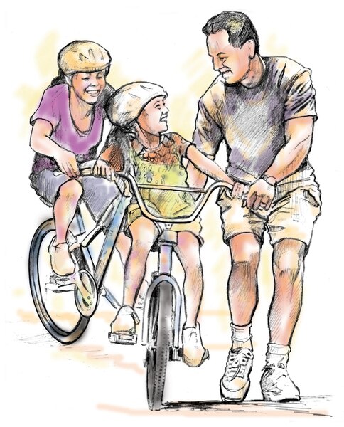 Dibujo de un padre que juega con sus hijas, quiénes andan en bicicleta.