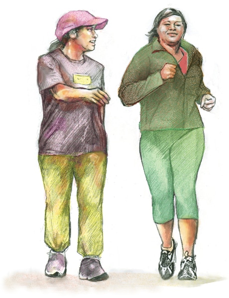 Dibujo de dos mujeres que caminan rápidamente.