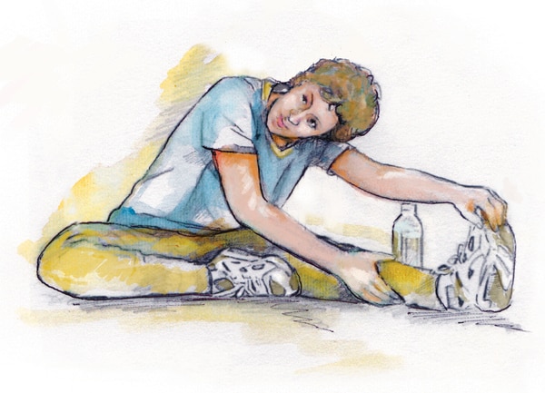 Dibujo de una mujer que está sentada en el suelo y hace el ejercicio de estiramiento.