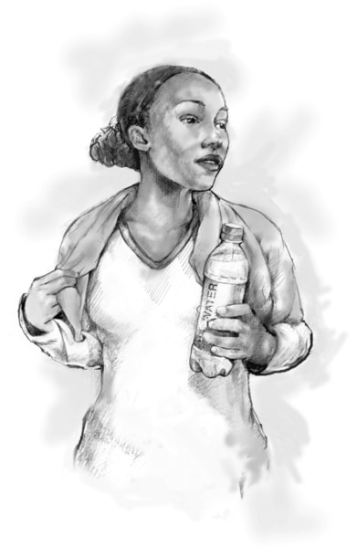 Dibujo de una mujer después de hacer ejercicio. Ella lleva una botella de agua.