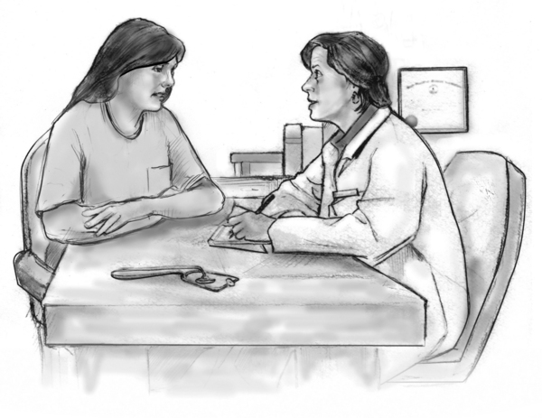 Dibujo de una mujer que habla con su médico.