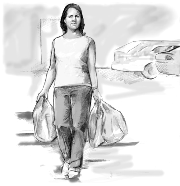 Dibujo de una mujer que camina por el estacionamiento con bolsas de compras.