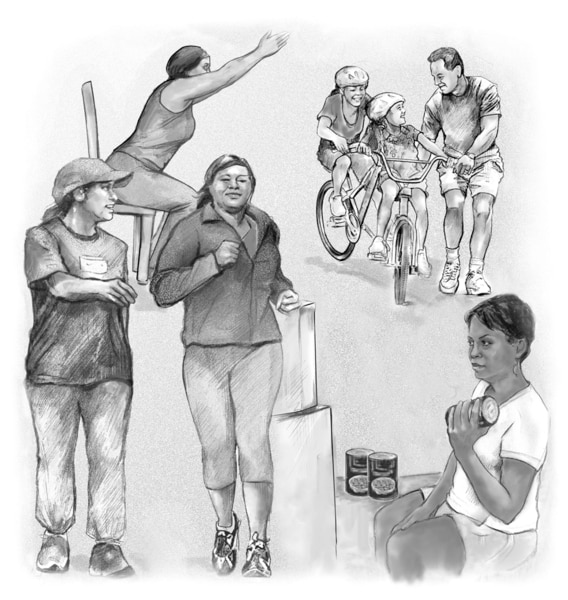 Un grupo de dibujos que muestran a una mujer de estiramiento, los niños y papá que juegan con las bicis, dos mujeres caminando juntos, y una mujer usando latas de pesos.