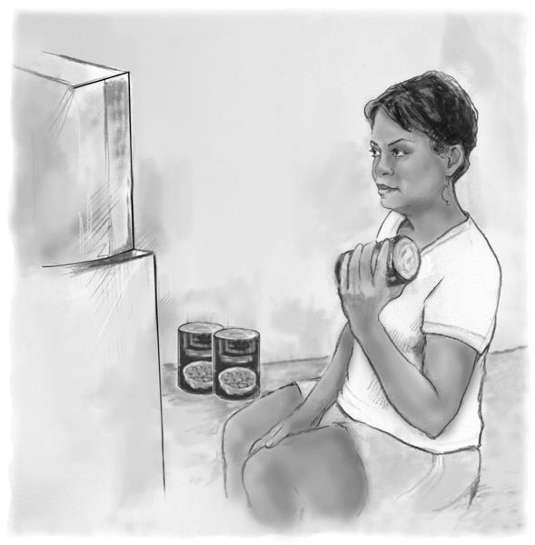 Dibujo de una mujer que mira un video de programa de mantenimiento físico y hace entrenamiento de fuerza, usando latas como pesas.