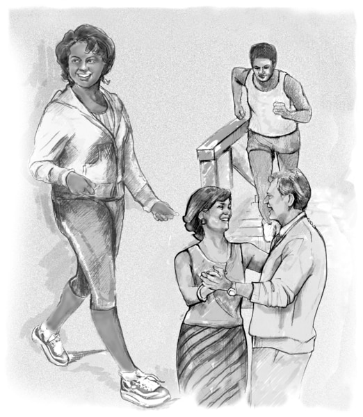 Dibujo de una mujer que camina, un hombre que sube por las escaleras, y una pareja que baile.