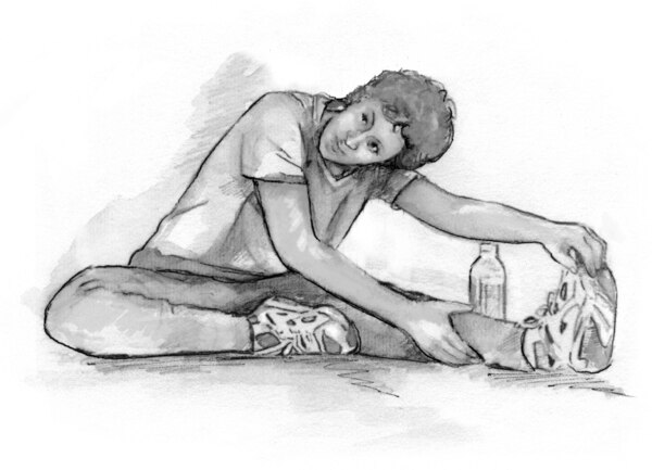 Dibujo de una mujer que está sentada en el suelo y hace el ejercicio de estiramiento.