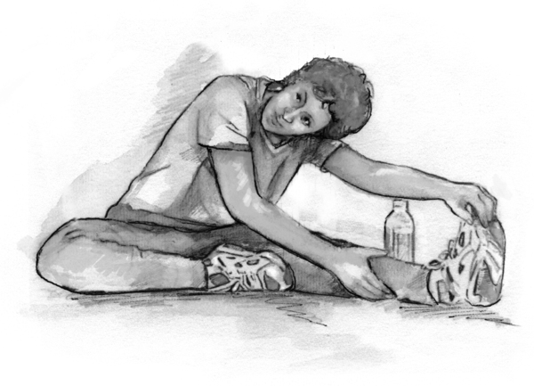 Dibujo de una mujer que está sentada en el suelo y hace el ejercicio de estiramiento.