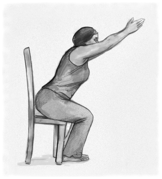 Dibujo de una mujer que está sentada en una silla y hace el ejercicio de estiramiento.