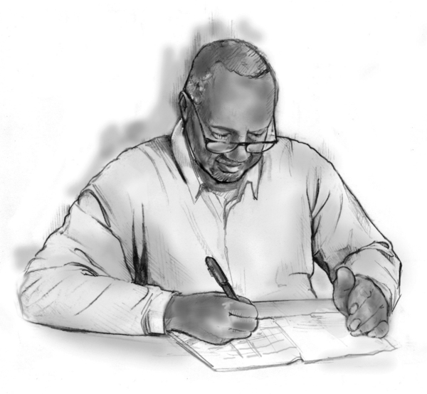 Dibujo de un hombre que apunta su plan de ejercicio.