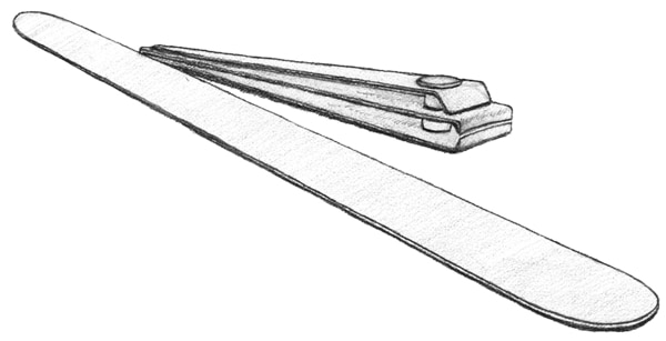 Drawing of nail clippers and an emery board.