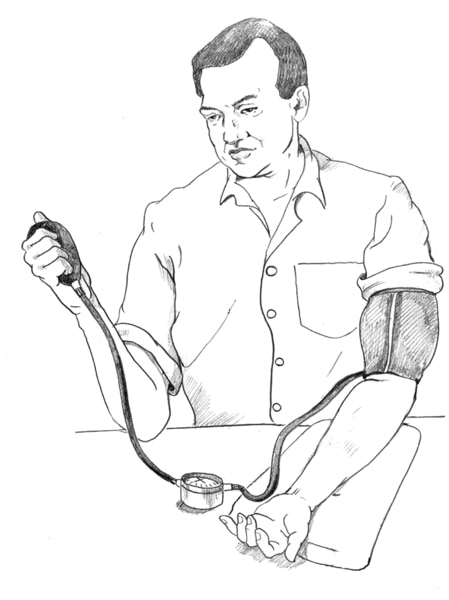 Drawing of a man checking his blood pressure.