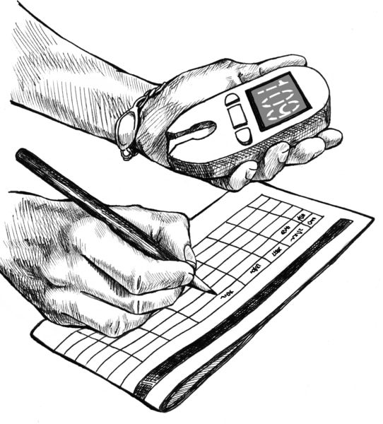 Drawing of a person holding a blood glucose meter and writing results in a record book.