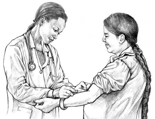Drawing of a doctor taking blood from a patient's arm.