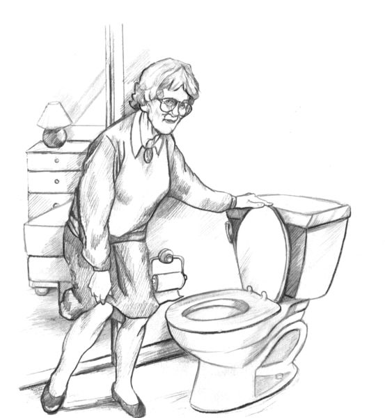 Drawing of an older woman standing in front of the toilet. She is slightly bent over and is lifting the lid on the toilet.