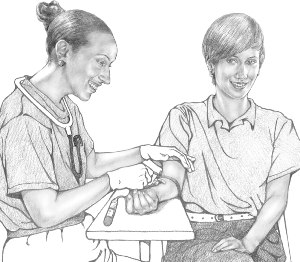 Drawing of a health worker taking a patient's blood sample.