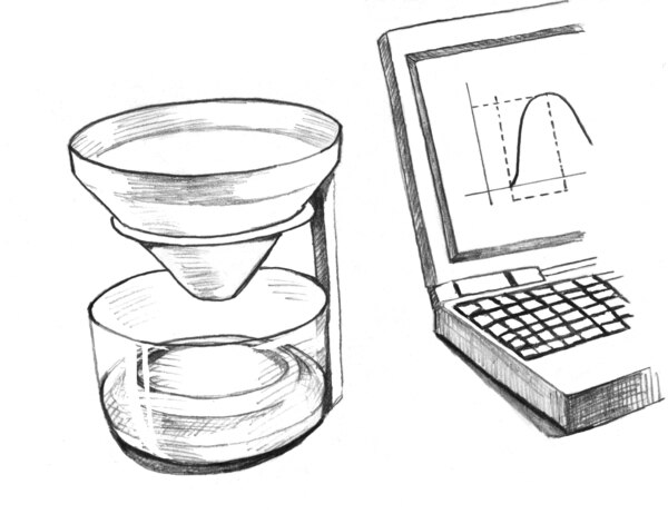 Drawing of uroflow meter equipment, including a device for catching and measuring urine and a computer to record the data.