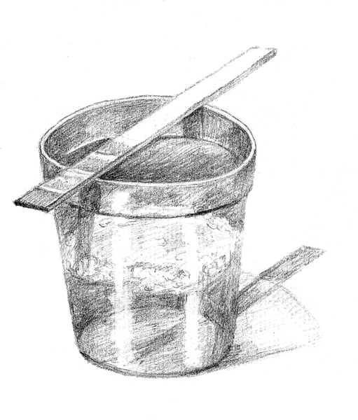 Drawing of a urine sample in a cup and a dipstick for testing the protein content of the urine.