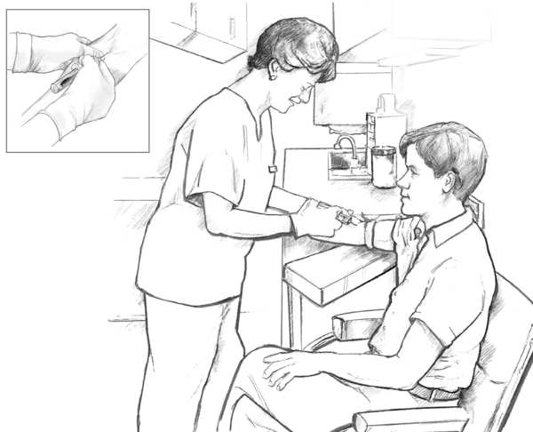 Image of a female health care provider drawing blood from the arm of a male patient, who is sitting in a chair. An inset image shows the health care provider’s gloved hands drawing the patient’s blood into a syringe.