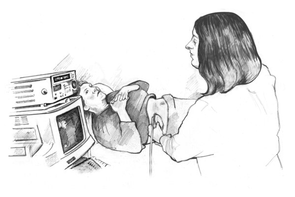 Drawing of a female health worker performing an ultrasound examination of a female patient.