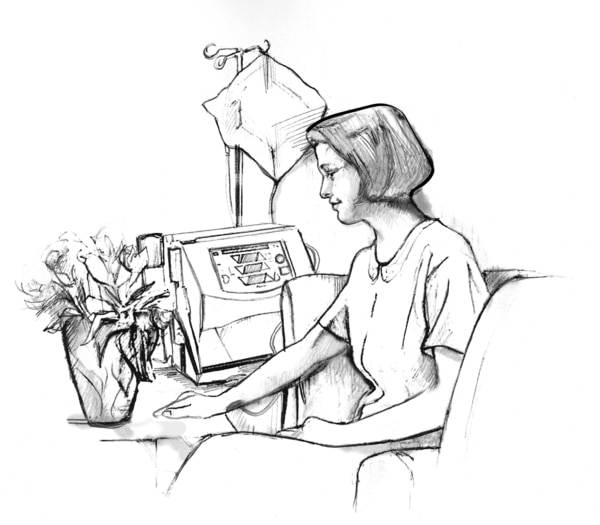Drawing of a woman sitting in a comfortable chair beside a hemodialysis machine about the size of a small ice chest. A bag hangs from a hook above the machine. She is looking at a pot of flowers on the table in front of her.