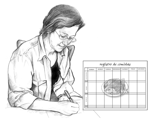 Dibujo lineal de una mujer de mediana edad escribiendo en un registro de comidas. Un recuadro muestra que el registro de comidas tiene un calendario sobrepuesto sobre una imagen de un plato de comida.