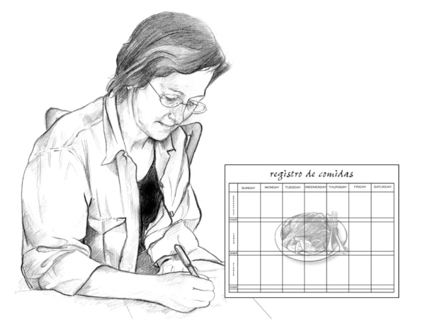 Dibujo lineal de una mujer de mediana edad escribiendo en un registro de comidas. Un recuadro muestra que el registro de comidas tiene un calendario sobrepuesto sobre una imagen de un plato de comida.