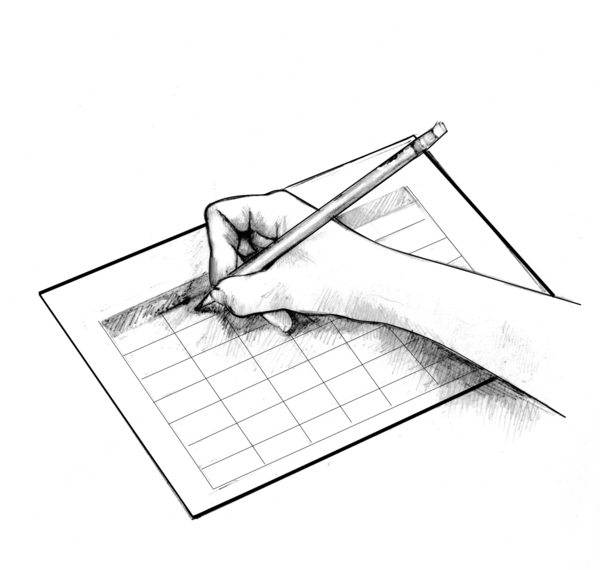 Drawing showing a hand writing in a record book with a pencil.