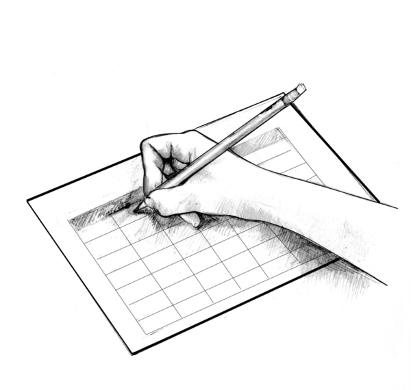 Drawing showing a hand writing in a record book with a pencil.