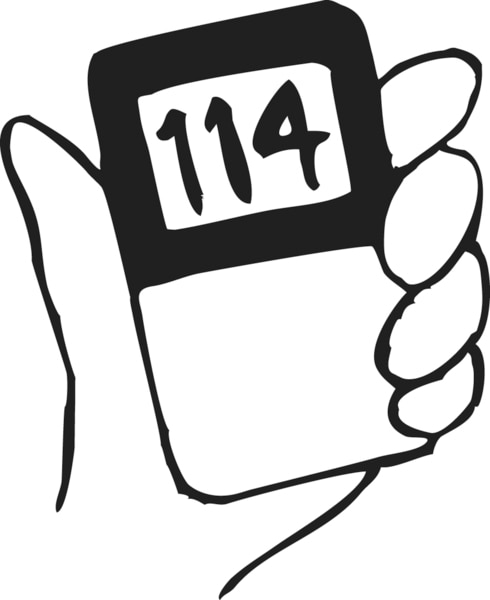 Ilustración de una mano agarrando un medidor de glucosa que dice “114”.