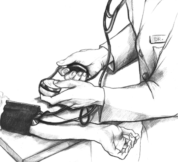 Ilustración de un médico revisando la presión arterial de un paciente con un monitor de presión arterial.