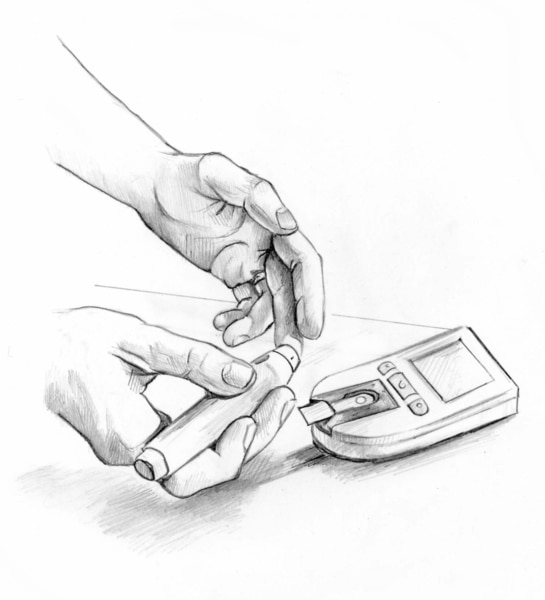 Drawing of a glucose meter and a person using a lancing device to obtain a blood sample from a fingertip for testing with the meter.