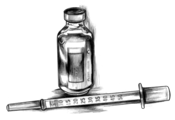 Ilustración de una botella de insulina y una jeringa.