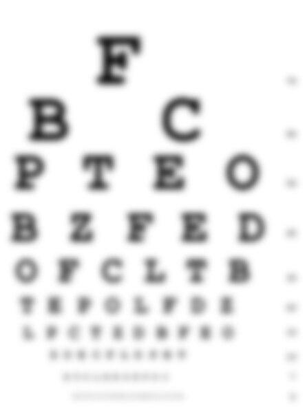 Drawing of an eye chart with rows of letters in decreasing sizes used for an eye exam. The image is blurred.