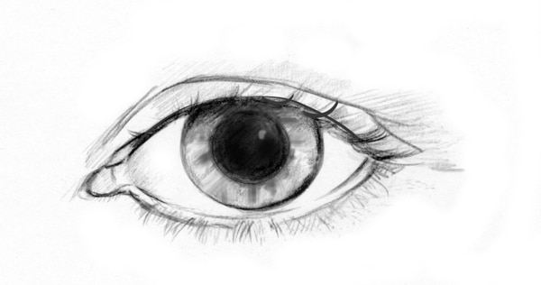 Drawing of an eye with a dilated pupil.