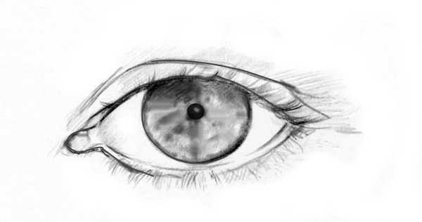 Drawing of an eye with an undilated pupil.