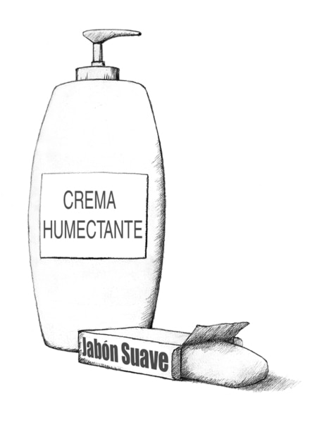 Ilustración de un frasco de loción para la piel con una etiqueta que dice loción y una barra de jabón con una etiqueta que dice jabón.