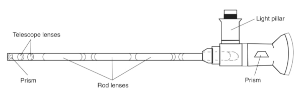 Side-view drawing of a cystoscope, a long tube-like instrument used to examine the inside of the bladder and urethra. Labels point to the telescope lenses, prism, rod lenses, and light pillar.