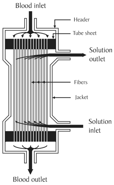 Drawing of the inside of a hemodialysis dialyzer. Labels point to the blood inlet, header, tube sheet, solution outlet, fibers, jacket, solution inlet, and blood outlet.