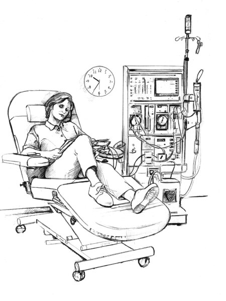 Ilustración de una mujer sentada en una silla leyendo mientras se realiza la hemodiálisis.